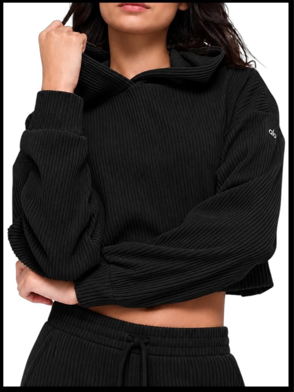 Alo Yoga Muse Black Ribbed Cropped Hoodie M